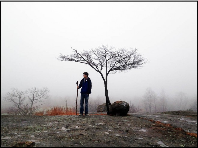 A hiker stands in the early morning fog with a low tree, on a bare rock face, in Harriman State Park, New York. Harriman Park is a rich subject for a New York sports photographer.