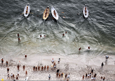 Aerial view of lifeguards in competition in Sandy Hook, New Jersey, on the Atlantic Ocean beach.