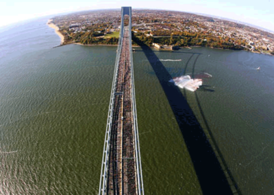 Fisheye view of the start of the New York City Marathon as it crosses into Brooklyn via the Verrazano-Narrows Bridge.