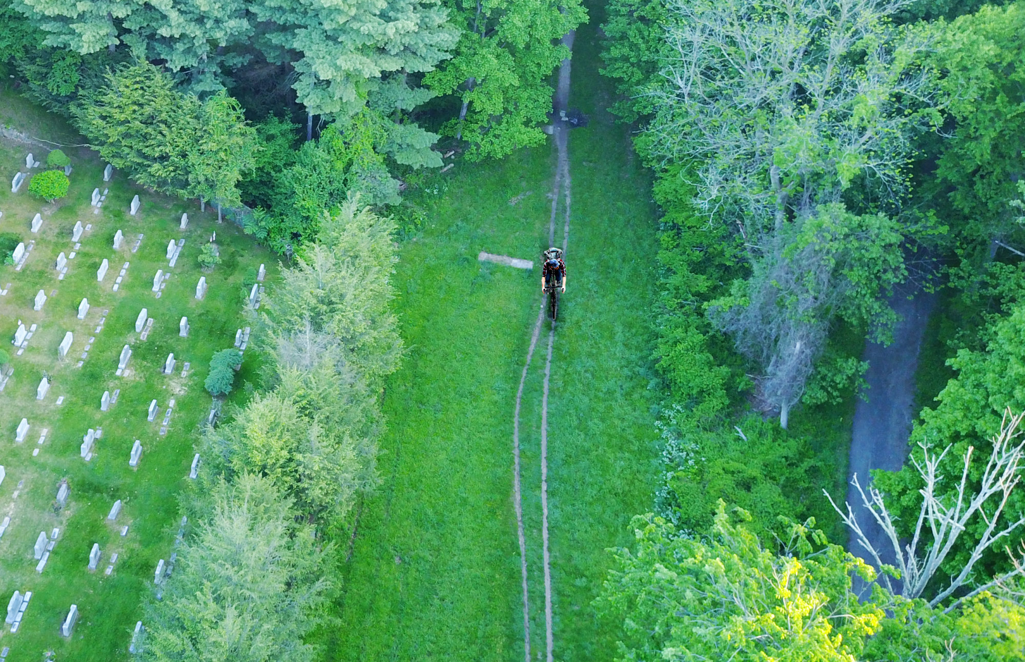 Aerial view of a bicycler on the Old Croton Aqueduct trail in Sleepy Hollow, New York, with green trees of summer.
