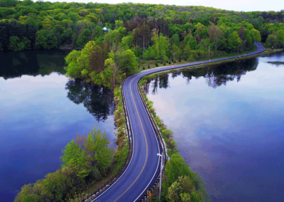 Early morning overhead view of Neperan Road causeway, between the Tarrytown Lakes in Tarrytown, New York.