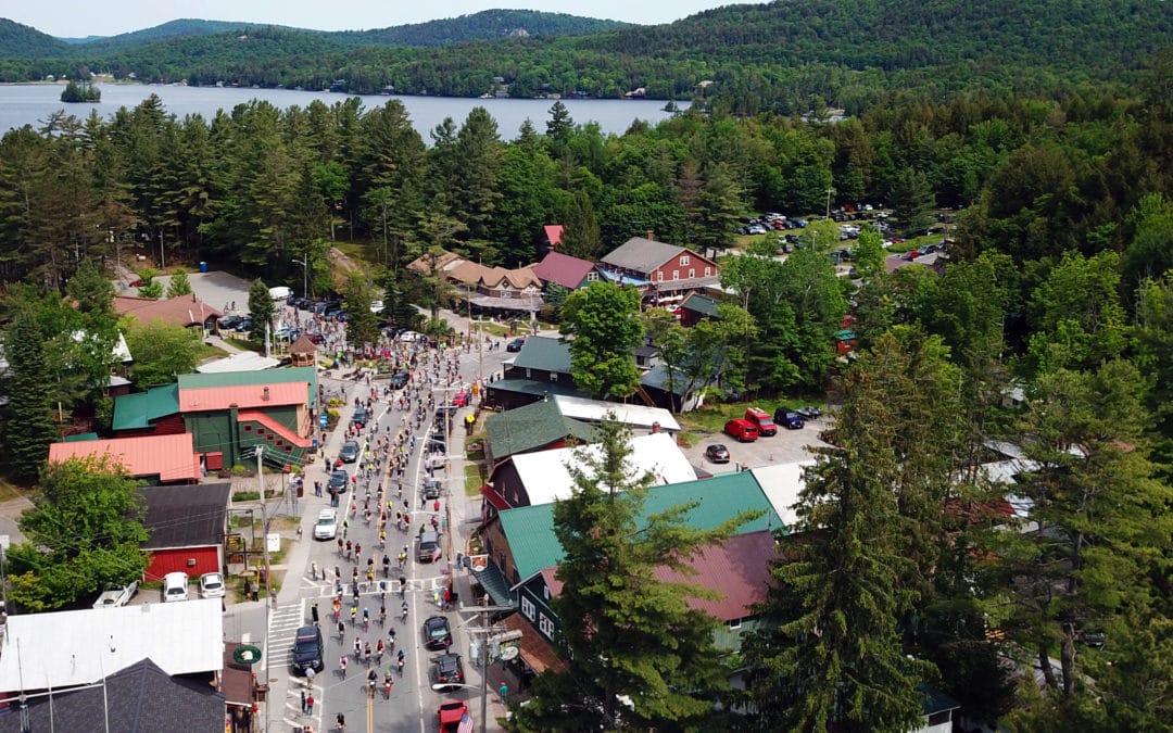 An aerial view of the start of the Black Fly Challenge in Inlet, New York, near Fourth Lake, in the Adirondacks. The Black Fly Challenge is an annual mountain and road bike race.