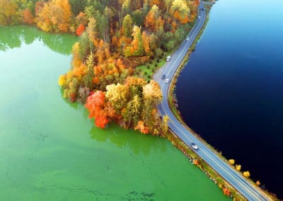 An aerial perspective of the Tarrytown Lakes in Tarrytown, New York, shows the effect of pond dye on an algae bloom.