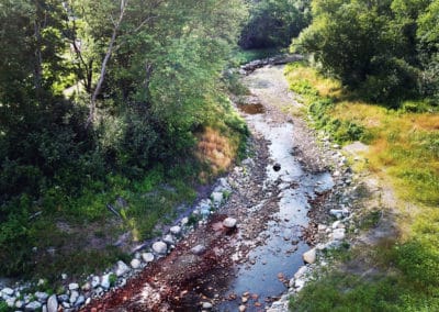 An overhead aerial view of the Steele Brook, after the removal of the Heminway Dam in Watertown, Connecticut.